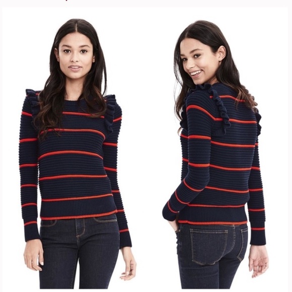 Banana Republic Navy Stripe Ruffle Sweater - Picture 2 of 5